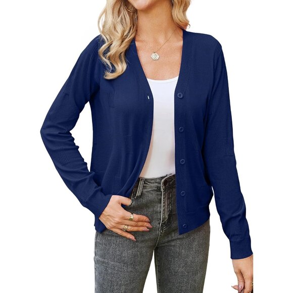 Womens Cropped Cardigan V Neck Long Sleeve Button Up Sweater Casual Knit - Picture 1 of 6